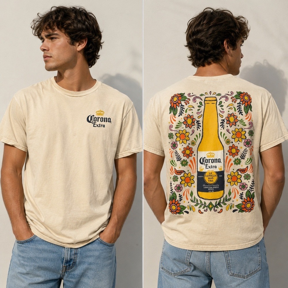 Corona Extra Ripple Graphic T-Shirt Cream Floral Beer Bottle Back Print Medium